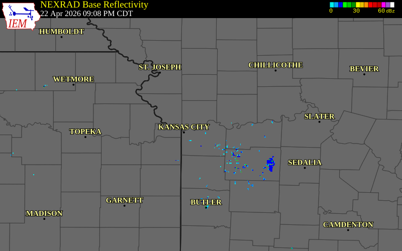 NEXRAD radar during the Wednesday, April 22, 2026 storm activity in Jackson County, Missouri
