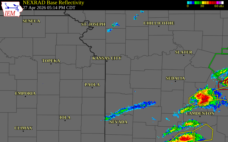 NEXRAD radar during the Monday, April 27, 2026 storm activity in Jackson County, Missouri