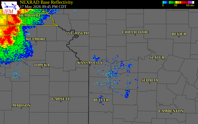 NEXRAD radar during the Sunday, May 17, 2026 storm activity in Jackson County, Missouri