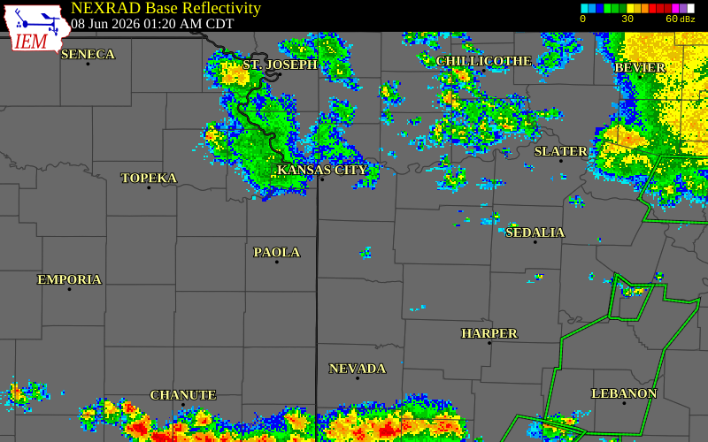 NEXRAD radar during the Monday, June 8, 2026 storm activity in Jackson County, Missouri