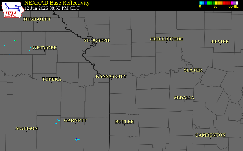 NEXRAD radar during the Friday, June 12, 2026 storm activity in Jackson County, Missouri