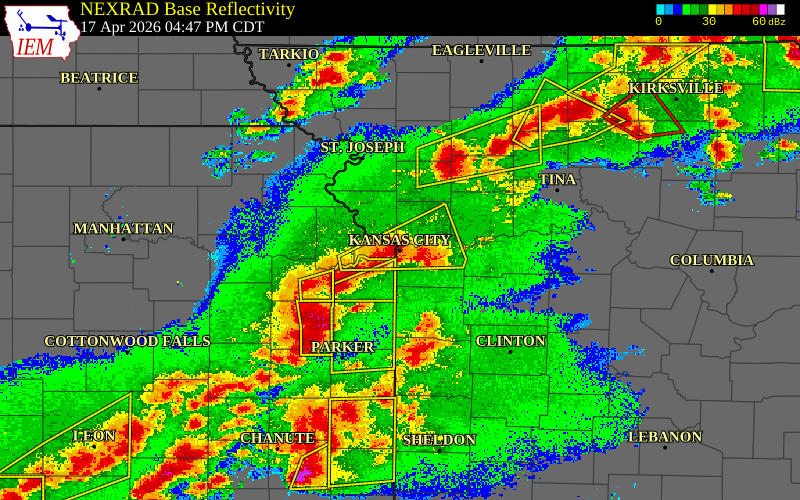 Radar snapshot during the Apr 17, 2026 hail event near 1 NW Kansas City, Jackson County, Missouri, with NWS warning polygons