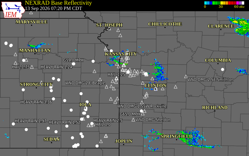 Current NEXRAD radar over Jackson County, Missouri with recent storm report locations