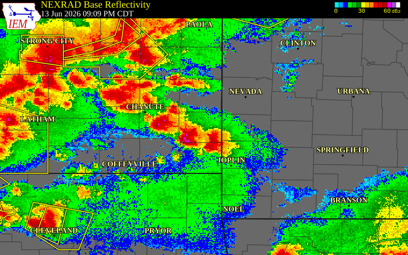 NEXRAD radar during the Saturday, June 13, 2026 storm activity in Jasper County, Missouri