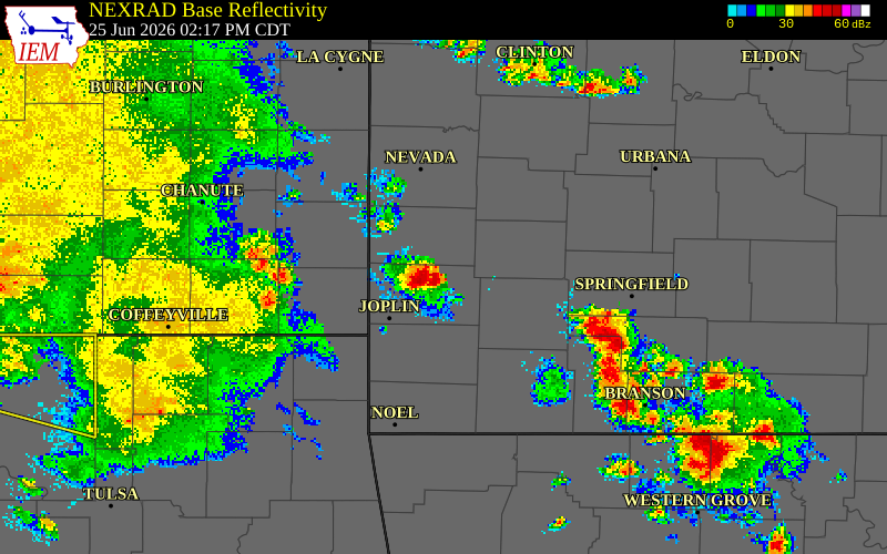 NEXRAD radar during the Thursday, June 25, 2026 storm activity in Jasper County, Missouri