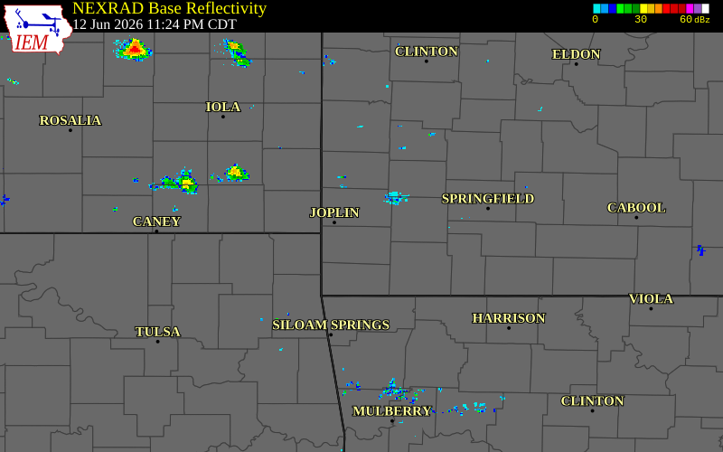 Radar snapshot during the Jun 12, 2026 tornado event near 1 ESE Fidelity, Jasper County, Missouri, with NWS warning polygons