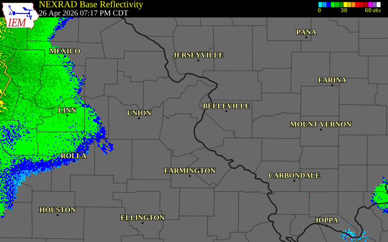 NEXRAD radar during the Sunday, April 26, 2026 storm activity in Jefferson County, Missouri