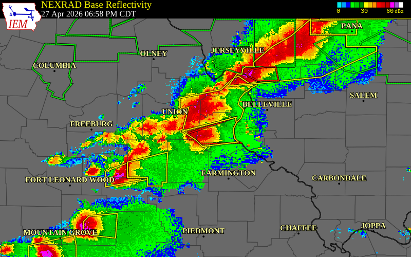 NEXRAD radar during the Monday, April 27, 2026 storm activity in Jefferson County, Missouri
