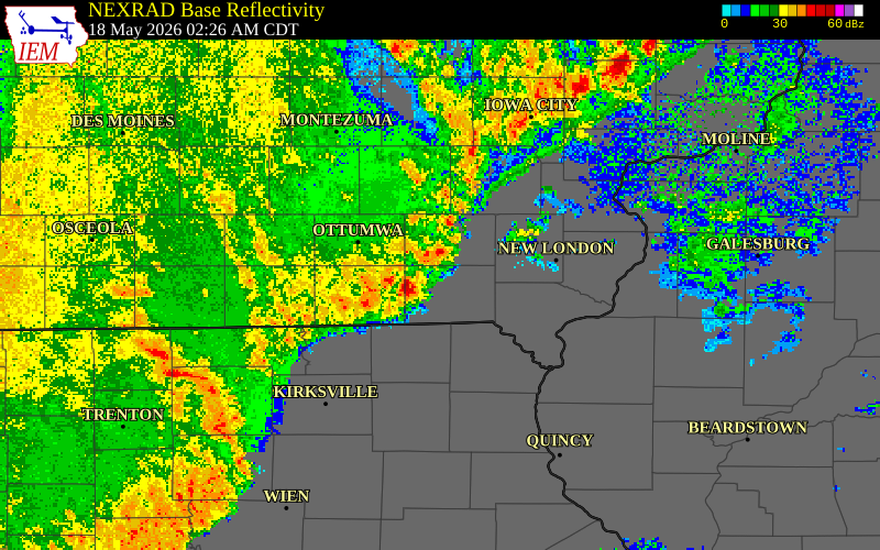 NEXRAD radar during the Monday, May 18, 2026 storm activity in Jefferson County, Missouri
