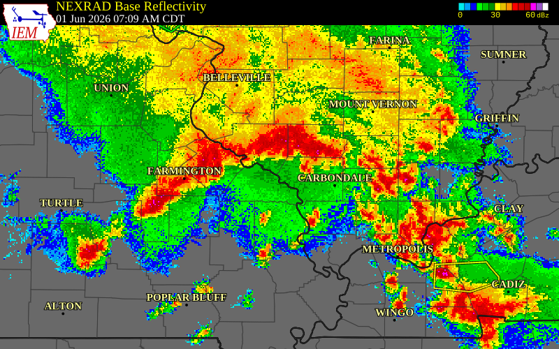NEXRAD radar during the Monday, June 1, 2026 storm activity in Jefferson County, Missouri