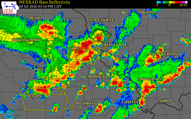 NEXRAD radar during the Saturday, July 4, 2026 storm activity in Jefferson County, Missouri