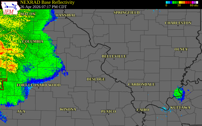 Radar snapshot during the Apr 26, 2026 wind event near 1 WSW Arnold, Jefferson County, Missouri, with NWS warning polygons