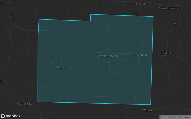 Map of Johnson County, Missouri showing the county boundary and surrounding cities