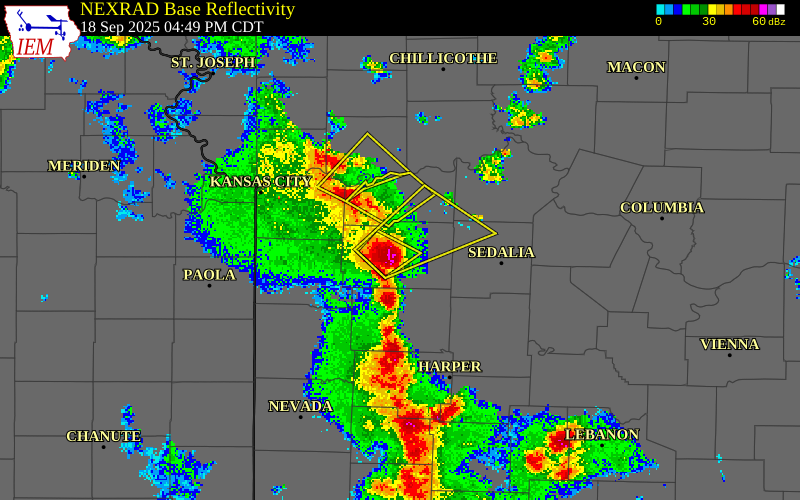 NEXRAD radar during the Thursday, September 18, 2025 storm activity in Johnson County, Missouri