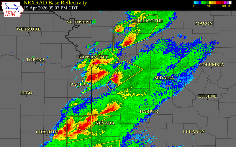 NEXRAD radar during the Wednesday, April 15, 2026 storm activity in Johnson County, Missouri