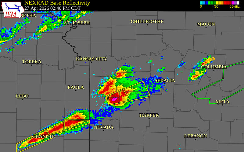 NEXRAD radar during the Monday, April 27, 2026 storm activity in Johnson County, Missouri