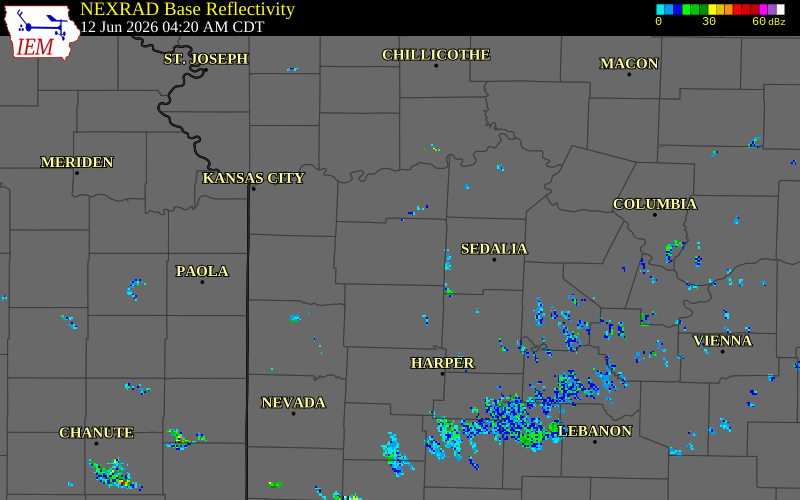NEXRAD radar during the Friday, June 12, 2026 storm activity in Johnson County, Missouri