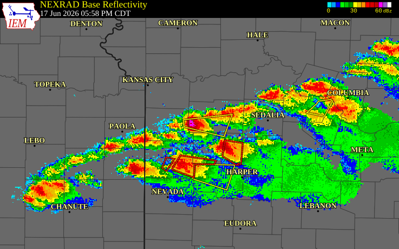 NEXRAD radar during the Wednesday, June 17, 2026 storm activity in Johnson County, Missouri