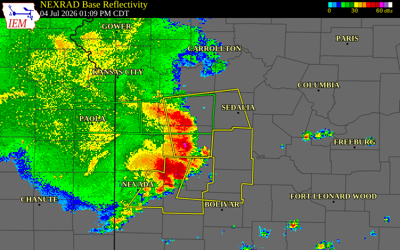 NEXRAD radar during the Saturday, July 4, 2026 storm activity in Johnson County, Missouri