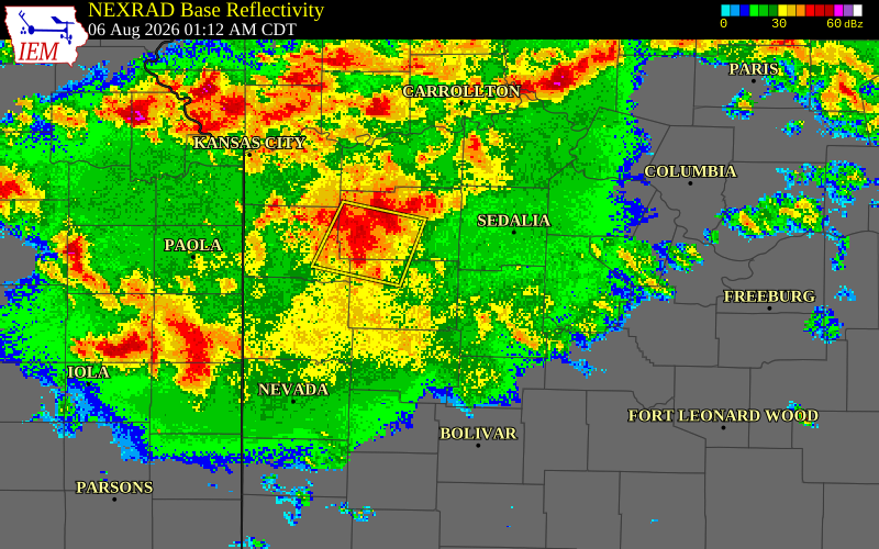 NEXRAD radar during the Thursday, August 6, 2026 storm activity in Johnson County, Missouri