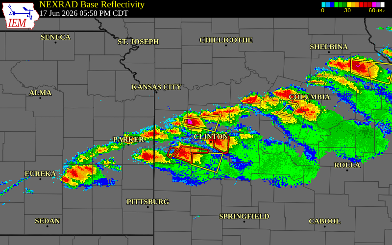 Radar snapshot during the Jun 17, 2026 hail event near 4 S Holden, Johnson County, Missouri, with NWS warning polygons