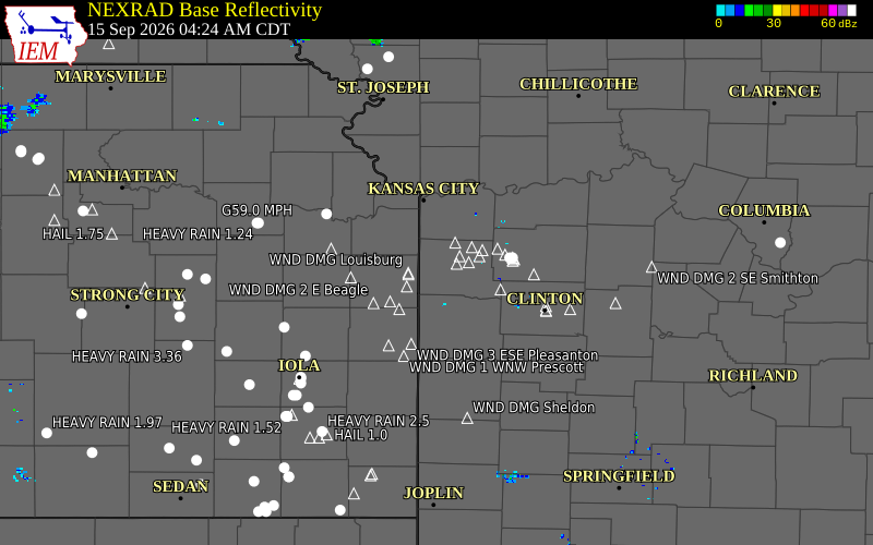 Current NEXRAD radar over Johnson County, Missouri with recent storm report locations