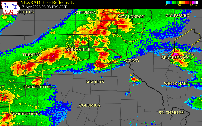 NEXRAD radar during the Friday, April 17, 2026 storm activity in Knox County, Missouri
