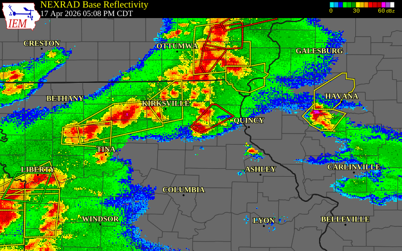 Radar snapshot during the Apr 17, 2026 tornado event near 1 SSE Plevna, Knox County, Missouri, with NWS warning polygons
