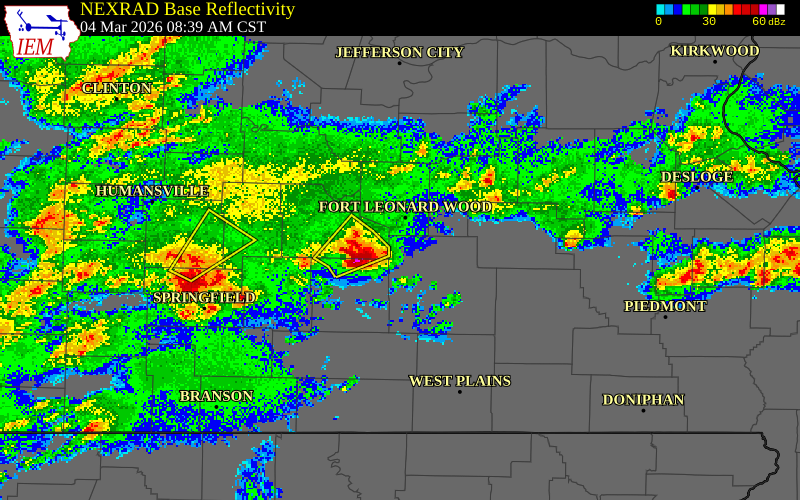 NEXRAD radar during the Wednesday, March 4, 2026 storm activity in Laclede County, Missouri