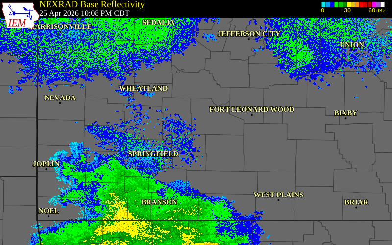 NEXRAD radar during the Saturday, April 25, 2026 storm activity in Laclede County, Missouri