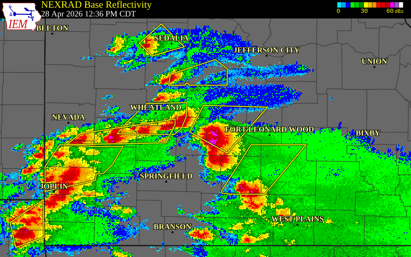 NEXRAD radar during the Tuesday, April 28, 2026 storm activity in Laclede County, Missouri