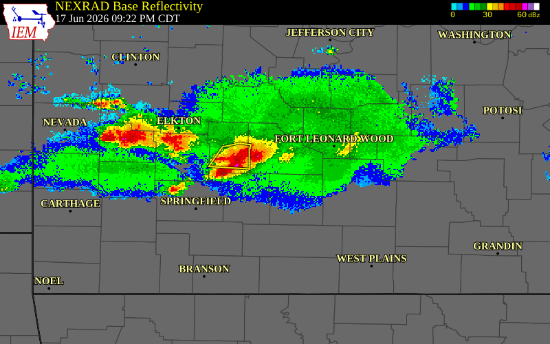 NEXRAD radar during the Wednesday, June 17, 2026 storm activity in Laclede County, Missouri