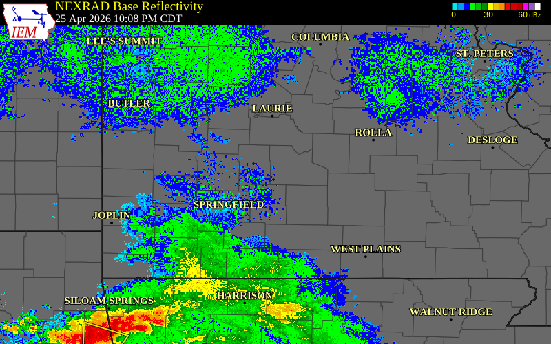 Radar snapshot during the Apr 25, 2026 hail event near 5 N Phillipsburg, Laclede County, Missouri, with NWS warning polygons