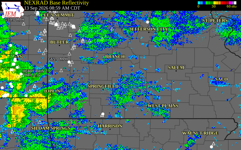 Current NEXRAD radar over Laclede County, Missouri with recent storm report locations