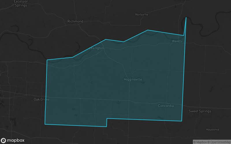 Map of Lafayette County, Missouri showing the county boundary and surrounding cities