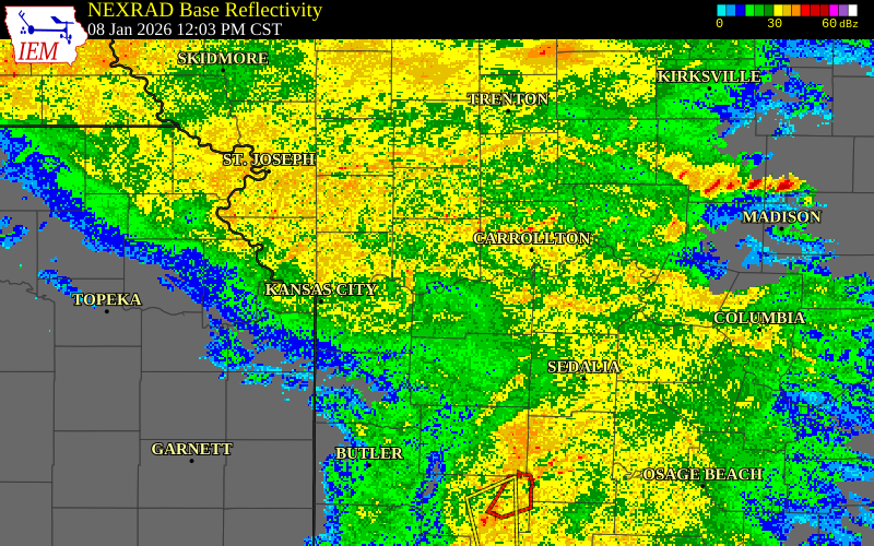 NEXRAD radar during the Thursday, January 8, 2026 storm activity in Lafayette County, Missouri