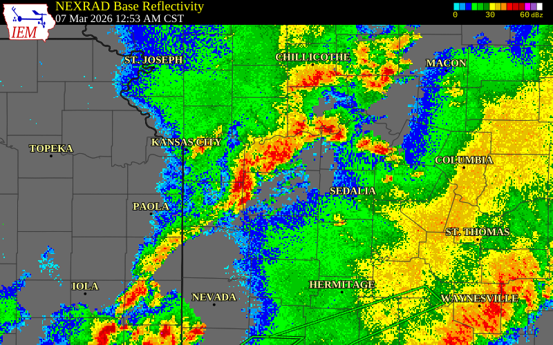 NEXRAD radar during the Saturday, March 7, 2026 storm activity in Lafayette County, Missouri