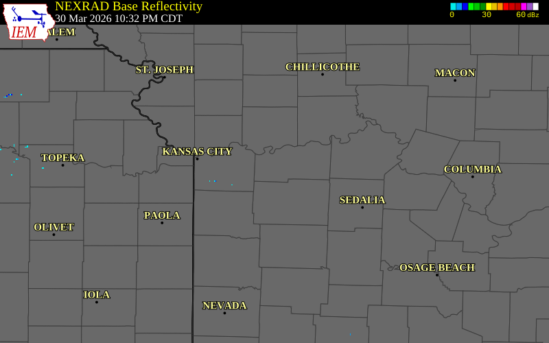 NEXRAD radar during the Monday, March 30, 2026 storm activity in Lafayette County, Missouri