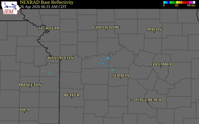 NEXRAD radar during the Sunday, April 26, 2026 storm activity in Lafayette County, Missouri