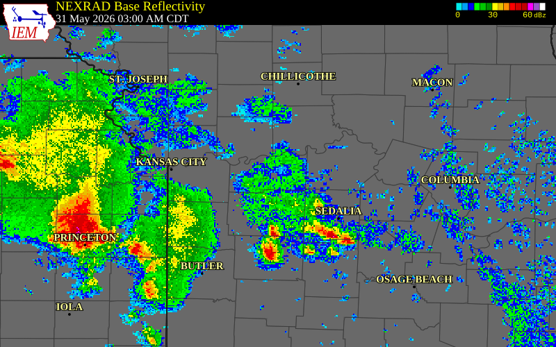 NEXRAD radar during the Sunday, May 31, 2026 storm activity in Lafayette County, Missouri