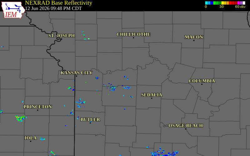 NEXRAD radar during the Friday, June 12, 2026 storm activity in Lafayette County, Missouri