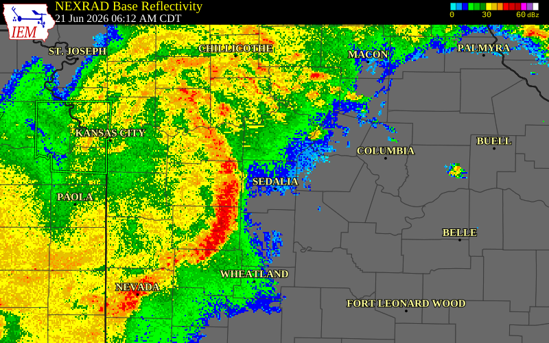 NEXRAD radar during the Sunday, June 21, 2026 storm activity in Lafayette County, Missouri