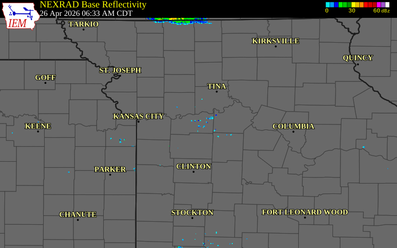 Radar snapshot during the Apr 26, 2026 wind event near Higginsville, Lafayette County, Missouri, with NWS warning polygons