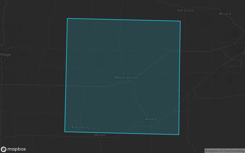 Map of Lawrence County, Missouri showing the county boundary and surrounding cities