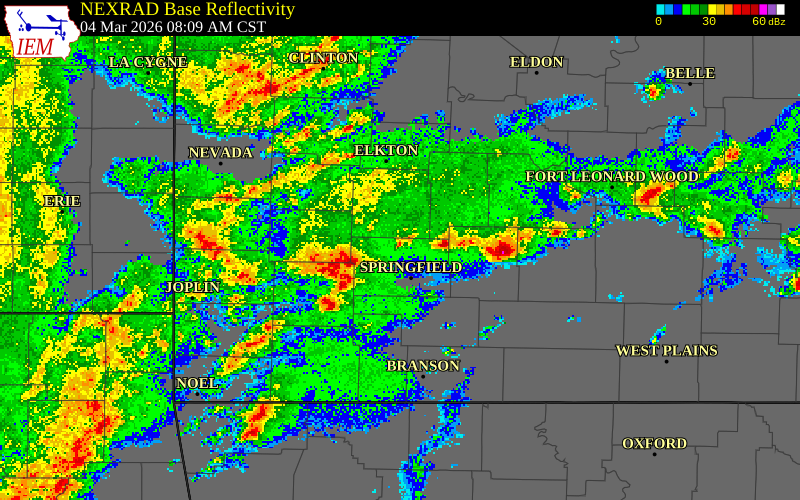 NEXRAD radar during the Wednesday, March 4, 2026 storm activity in Lawrence County, Missouri