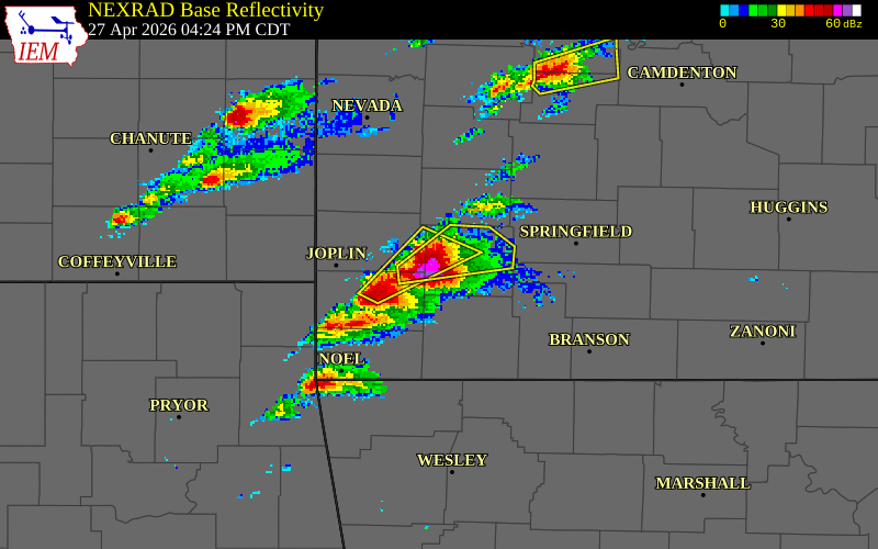 NEXRAD radar during the Monday, April 27, 2026 storm activity in Lawrence County, Missouri
