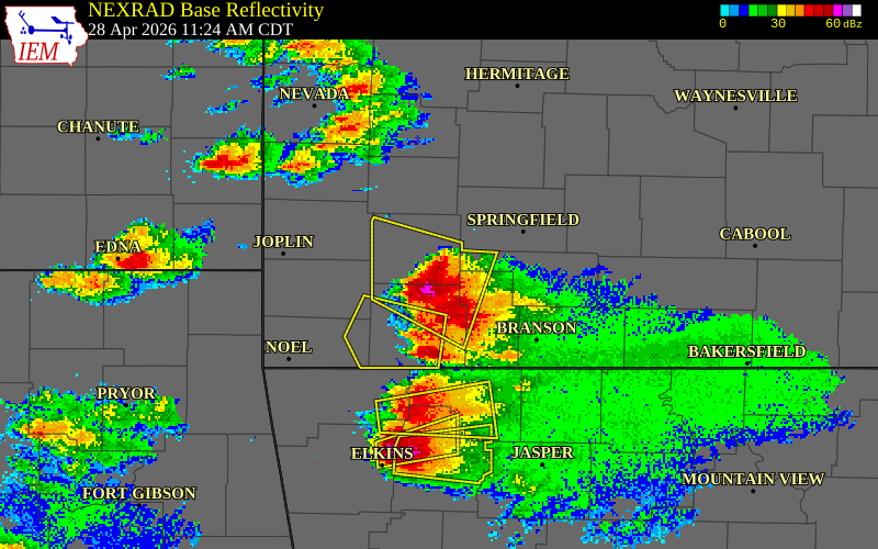 NEXRAD radar during the Tuesday, April 28, 2026 storm activity in Lawrence County, Missouri