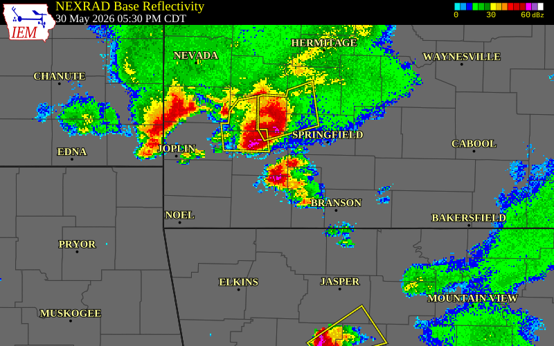 NEXRAD radar during the Saturday, May 30, 2026 storm activity in Lawrence County, Missouri