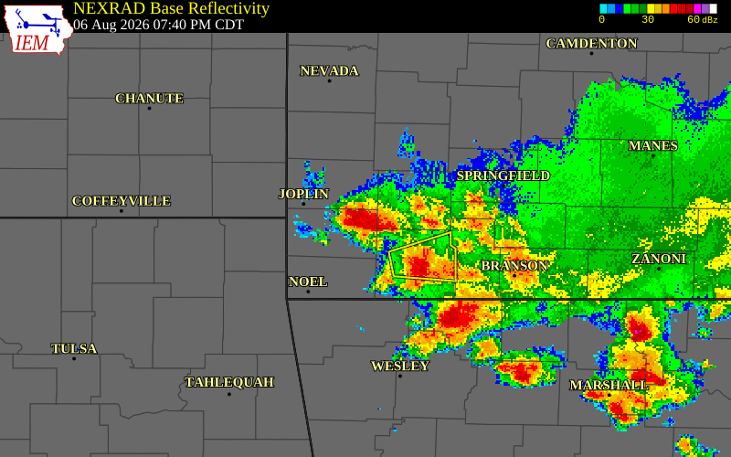 NEXRAD radar during the Thursday, August 6, 2026 storm activity in Lawrence County, Missouri