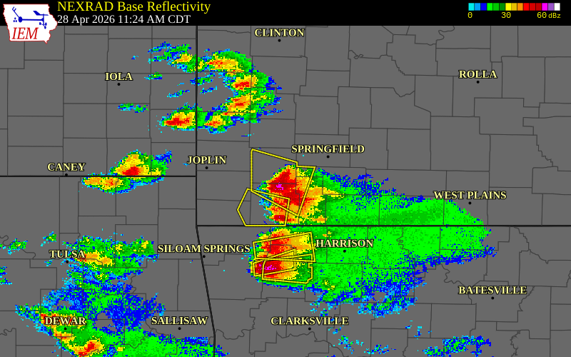 Radar snapshot during the Apr 28, 2026 hail event near 1 NW Aurora, Lawrence County, Missouri, with NWS warning polygons